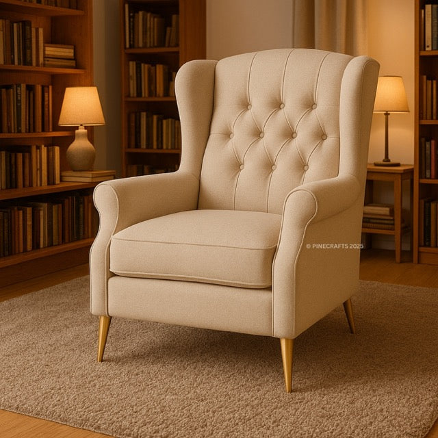 Beige armchair in a room with bookshelves and lamps